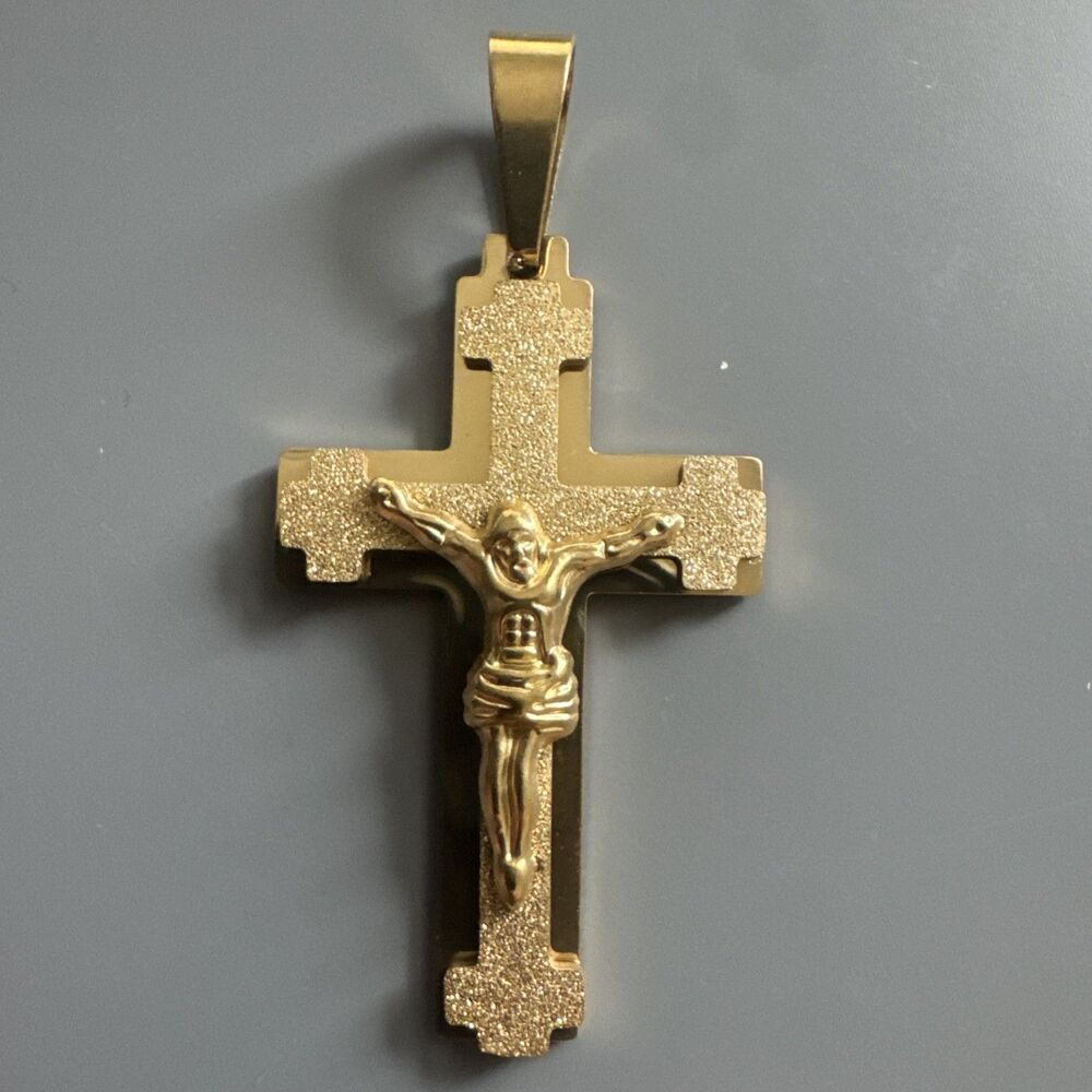 Gold Tone Cross Jesus Pendant 24” Chain Christ Stainless Steel Catholic Gift